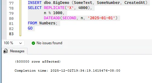 SQL Server Management Studio showing the BigDemo table with 500,000 rows inserted across multiple data files