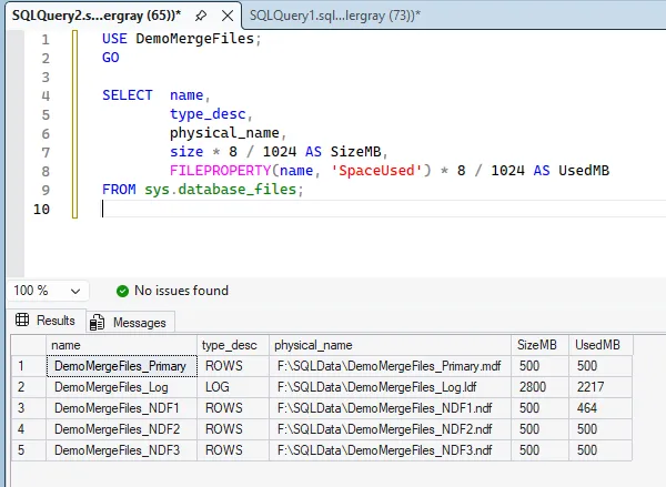 Query results showing the file layout with four data files (one MDF and three NDFs) and their size and space used in megabytes