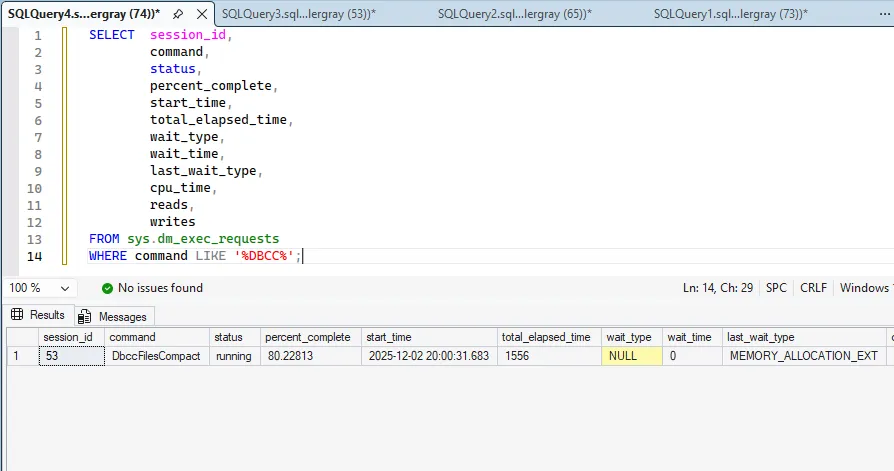 Query results from sys.dm_exec_requests showing the progress of the DBCC SHRINKFILE operation with EMPTYFILE, including percent complete and elapsed time
