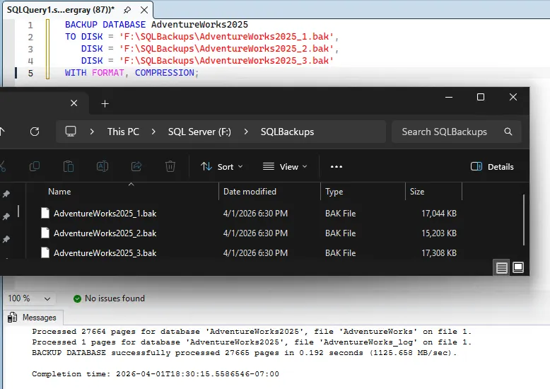 SQL Server Management Studio showing a backup command writing to multiple disk targets