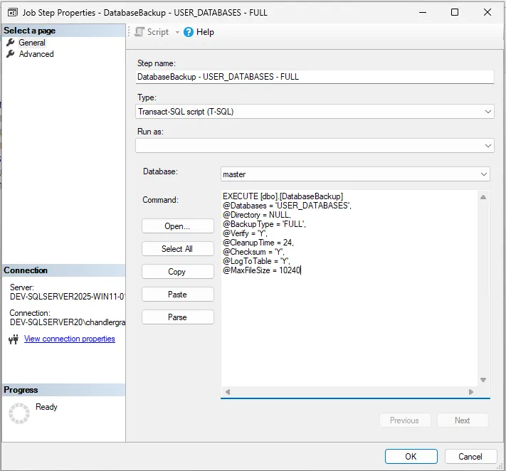 Ola Hallengren backup job configured with MaxFileSize parameter